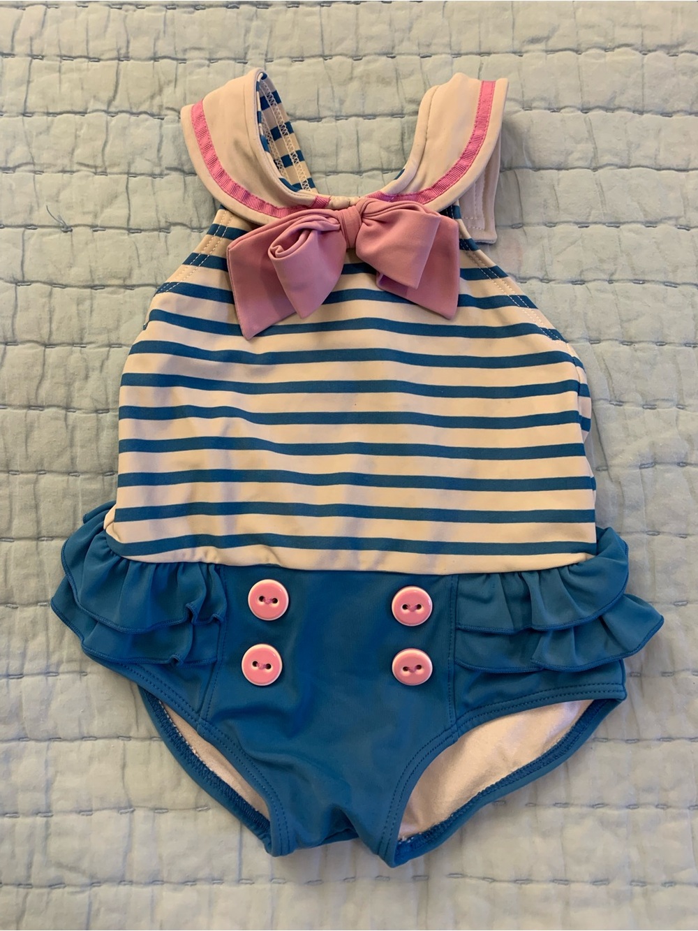 Vintage-Inspired Pink & Blue Striped Bow Sailor-Style One-Piece Swimsuit 12-18M